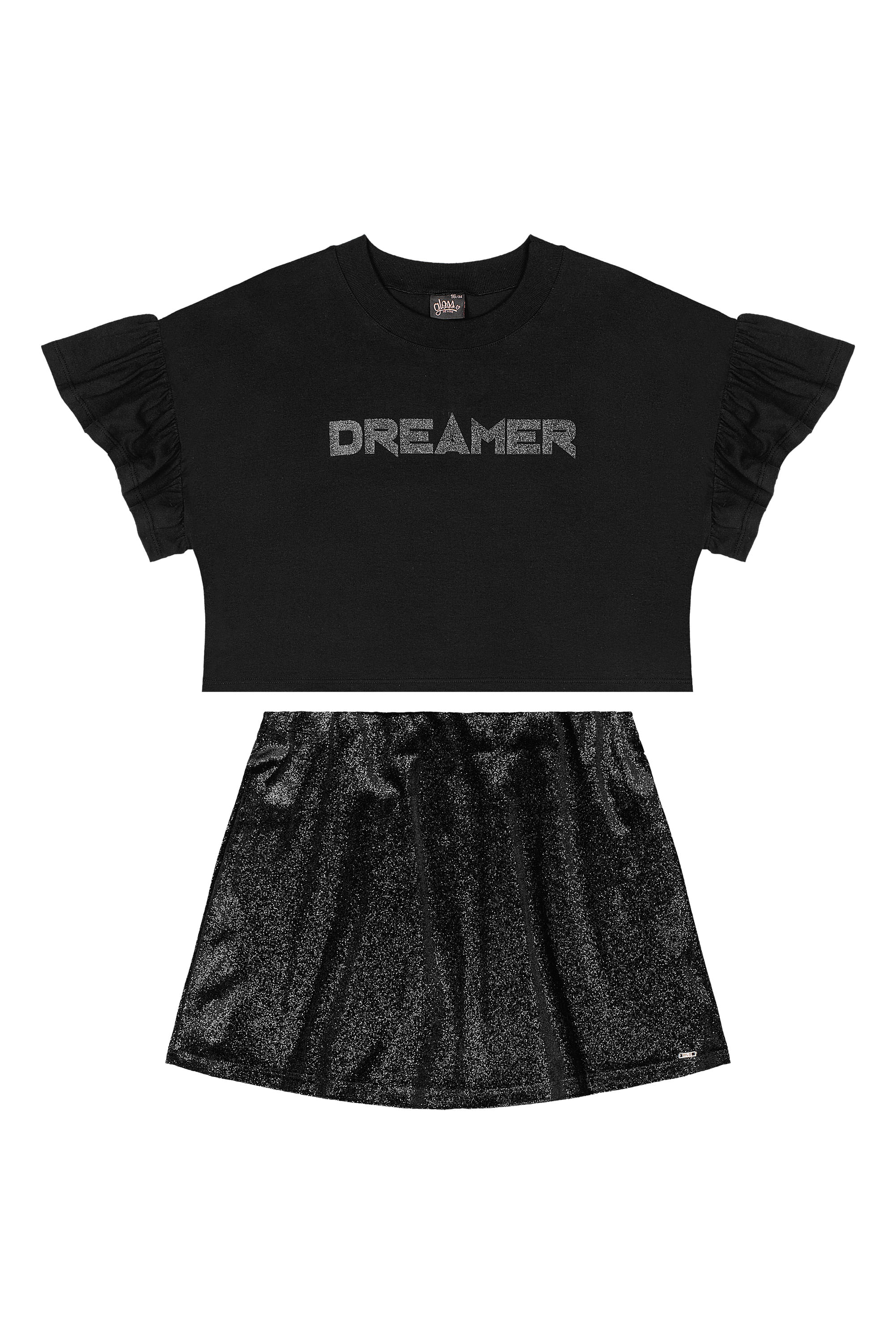 Conjunto Juvenil com Blusa Cropped e Saia Brilhante (Preto) Gloss - Imagem 26